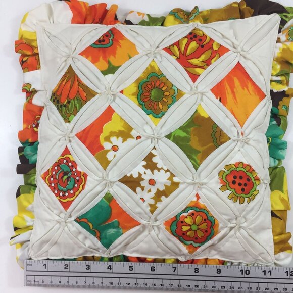 Vintage Quilted Cathedral Window Sofa Pillow Orange Teal White Floral Ruffle 13" - Picture 6 of 8